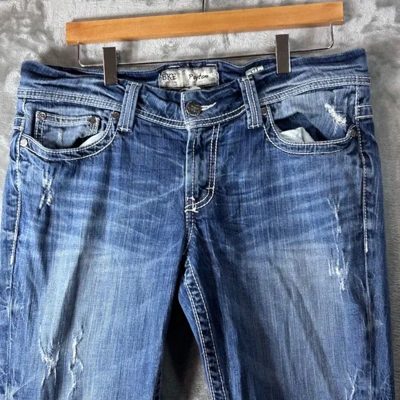 BKE Payton Bootcut Jeans Women 32x33.5 Medium Wash Distressed Thick Stitch Denim - Picture 2 of 16